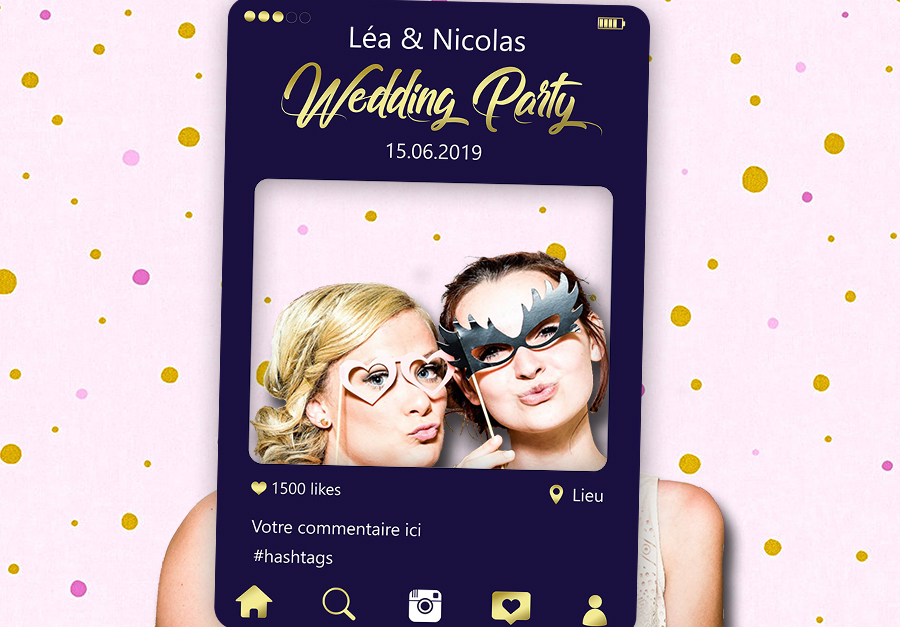 Cadre photobooth bleu et or personnalisable mariage