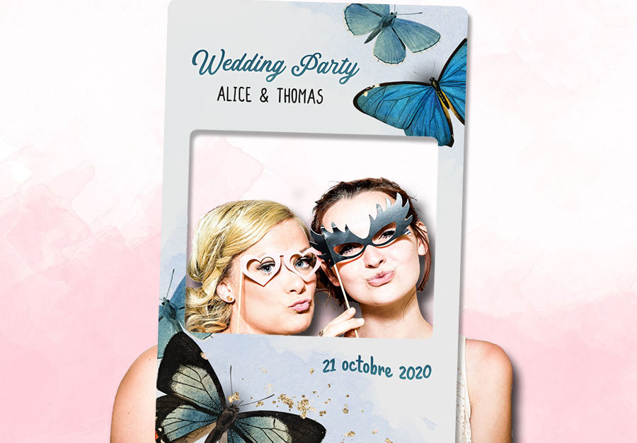 cadre photobooth personnalisable mariage decoration papillons bleus