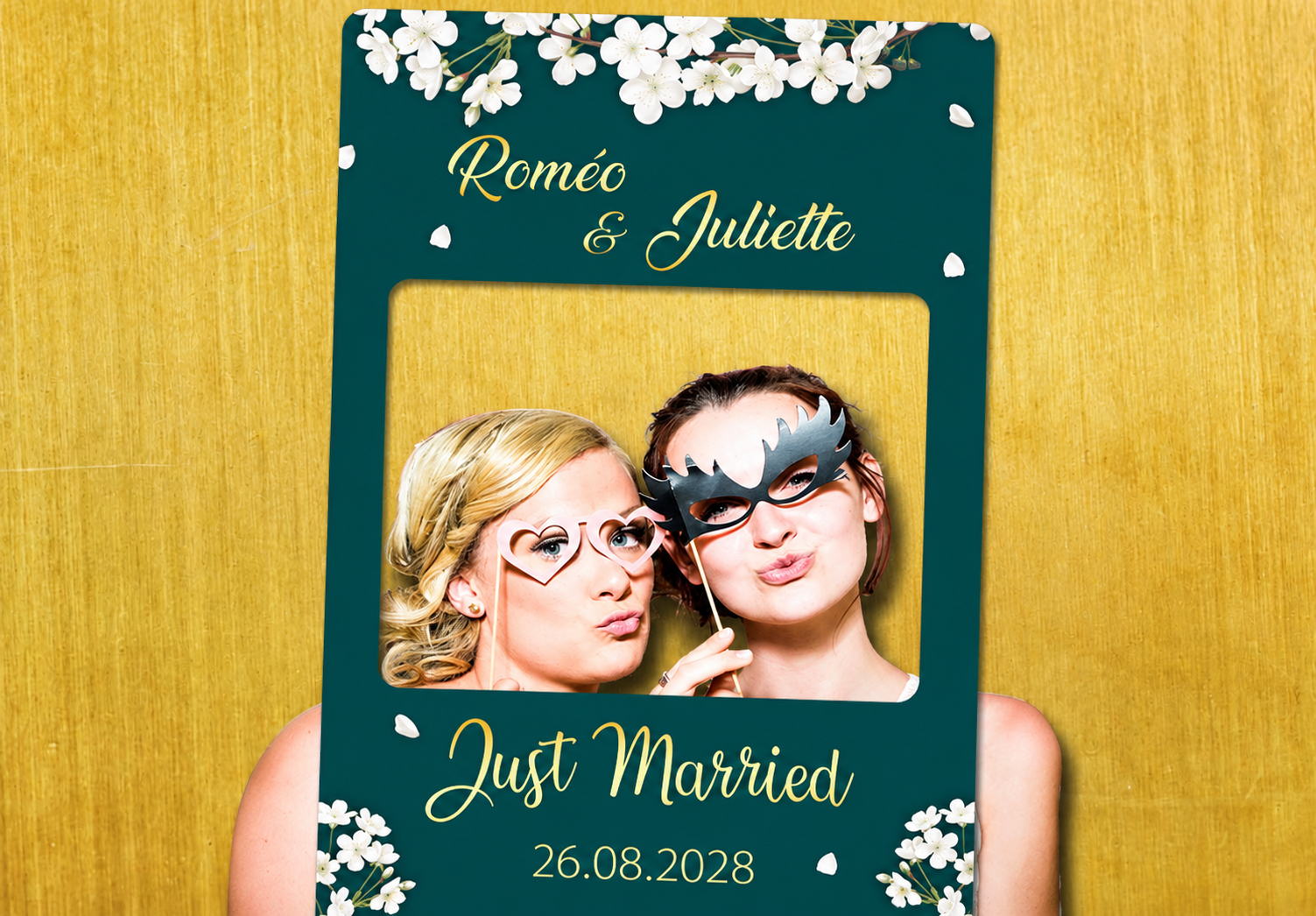 Cadre Photobooth personnalisable - Sakura or & vert paon Cadre Photobooth personnalisable - Sakura or & vert paon
