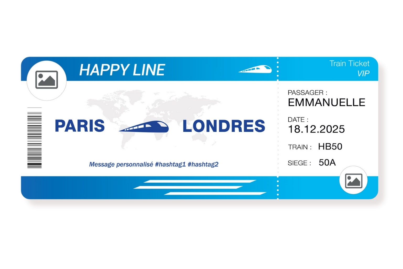 Billet de train geant personnalisable Bleu