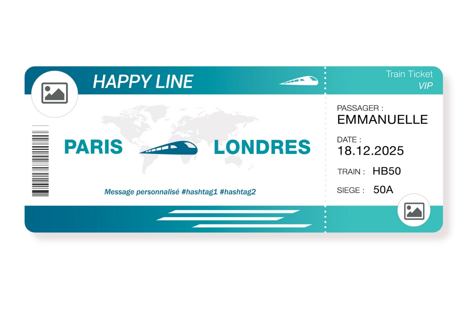 Billet de train geant personnalisable TURQUOISE