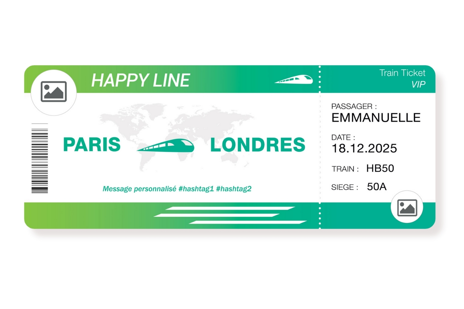 Billet de train geant personnalisable VERT
