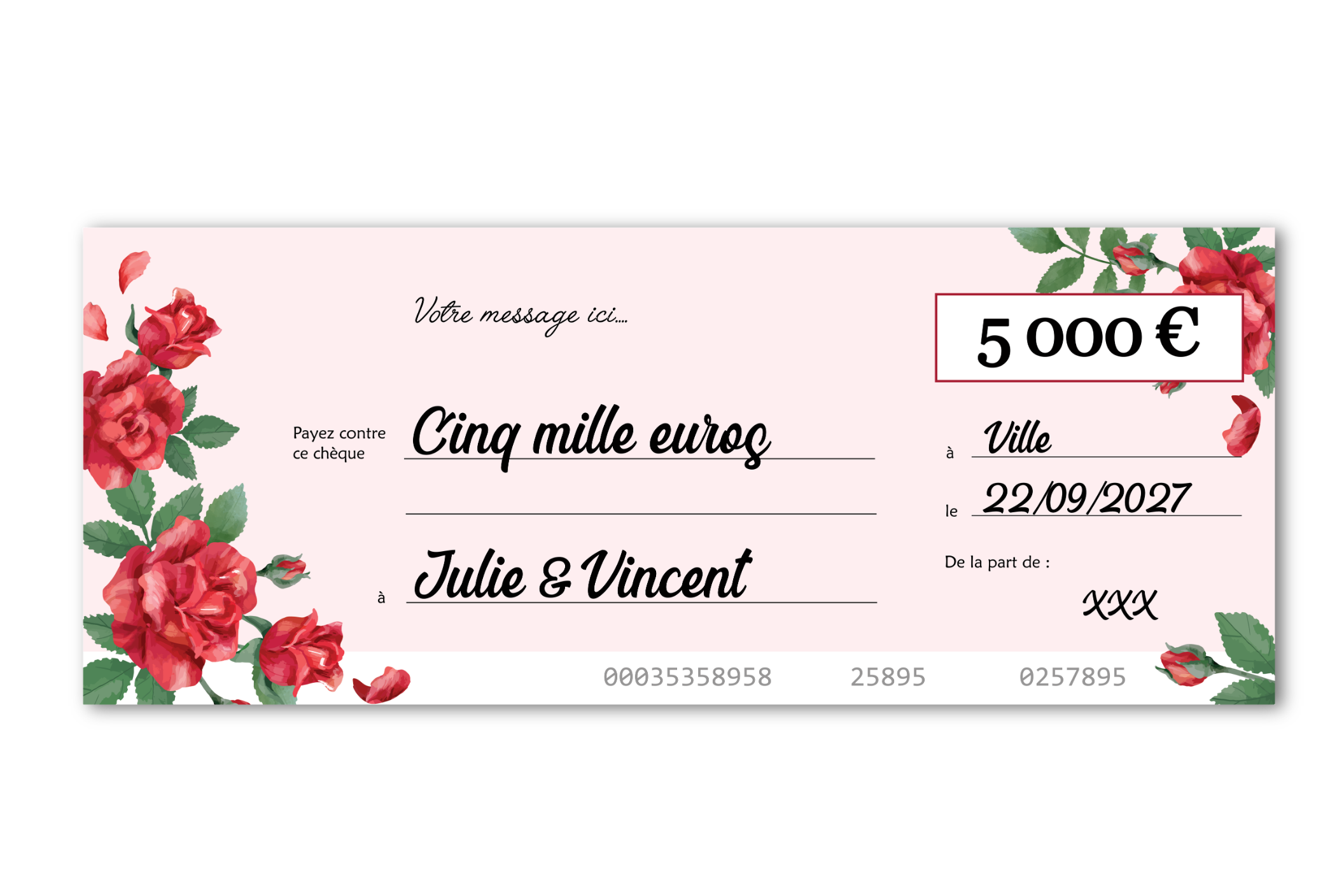 Faux cheque geant cadeau de mariage personnalise Roses Rouges Faux cheque geant cadeau de mariage personnalise Roses Rouges