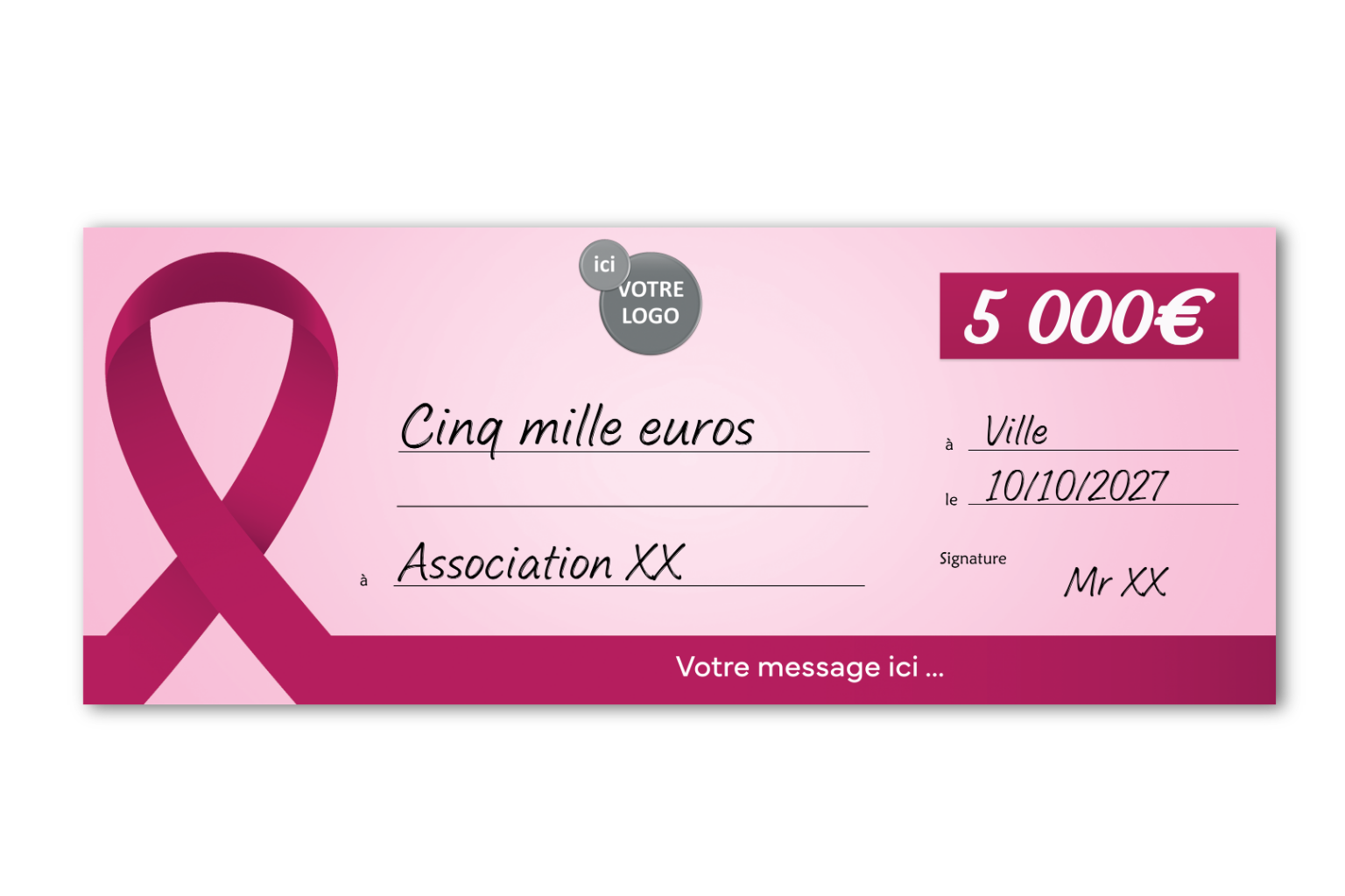 Faux cheque octobre rose geant a personnaliser Faux cheque octobre rose geant a personnaliser